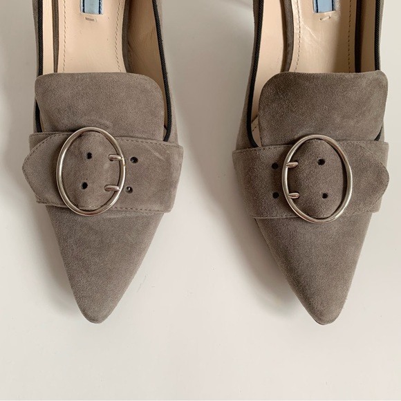 Prada Mid Heel Pointed Loafer Pump with Buckle Grey - Picture 4 of 17